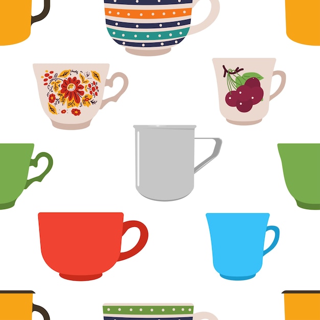 Tazas de té de dibujos animados vectoriales fondo de patrón sin costuras para el embalaje de papel tapiz embalaje y telón de fondo
