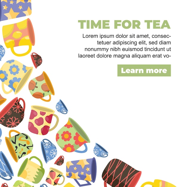 Vector tazas de té dispuestas en forma de esquina colección de tazas de té vintage tazas de ceremonia del té con líneas de flores de frutas patrones dibujados a mano ilustración plana de dibujos animados vectoriales