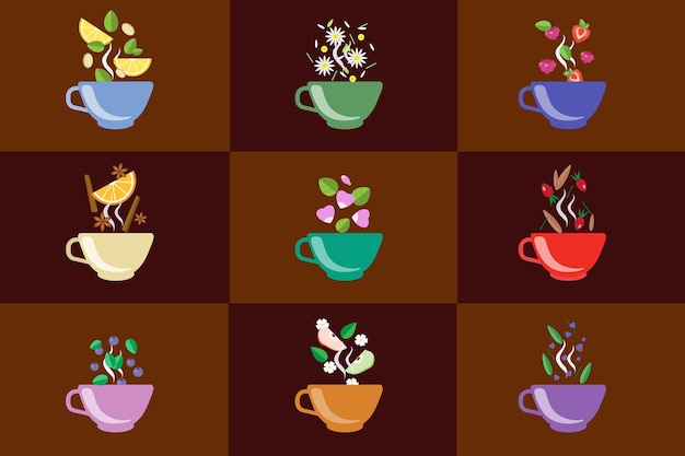 Tazas de té de hierbas set de té de frutas y bayas ilustraciones vectoriales en diseño web de estilo plano