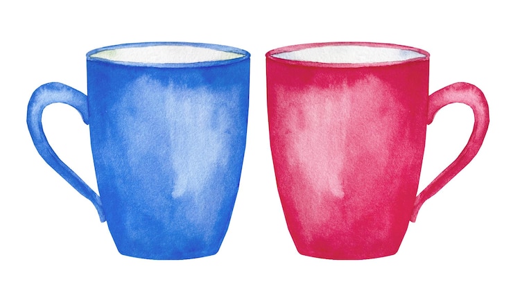 Vector tazas de té de tazas rojas y azules de acuarela
