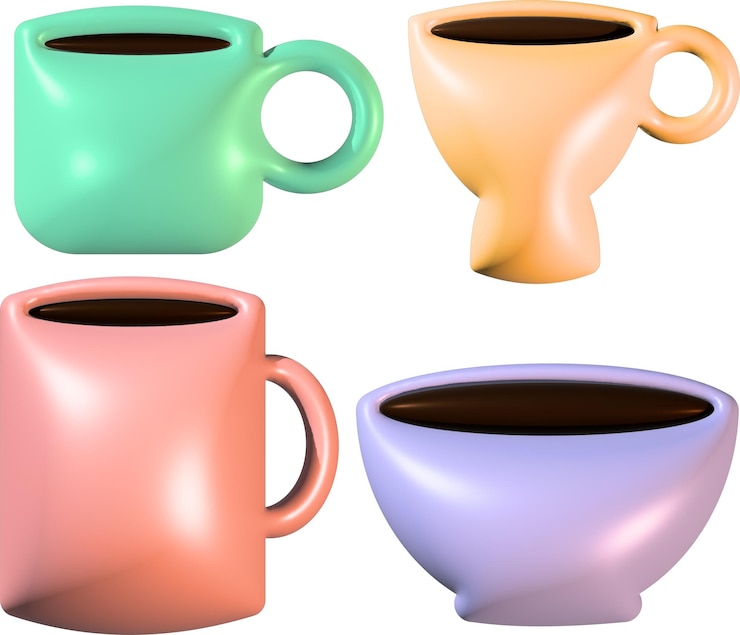 Vector tazas vectoriales 3d con metalizado en diferentes colores pasteles