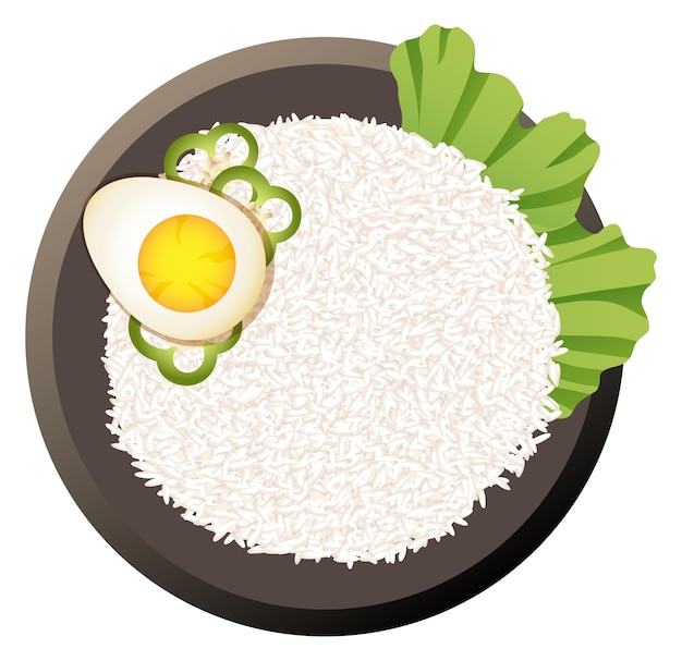 Vector tazón de arroz asiático con huevo y verduras vista superior del plato