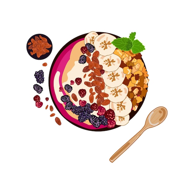 Tazón de batido Acai con plátano, mora, cereal, frambuesa, almendra, vista superior Tazón de batido vegano