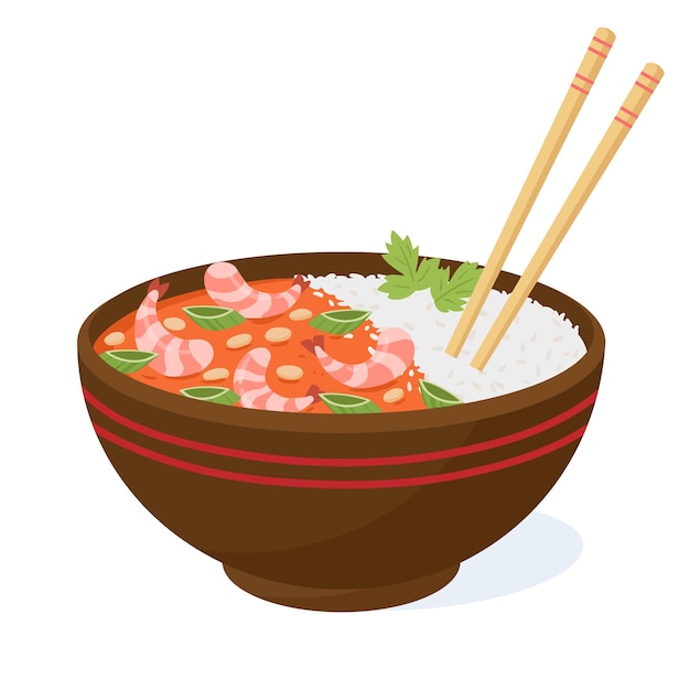 Tazón de comida asiática de dibujos animados plato coreano o japonés arroz y camarones cocina asiática tradicional ilustración vectorial plana