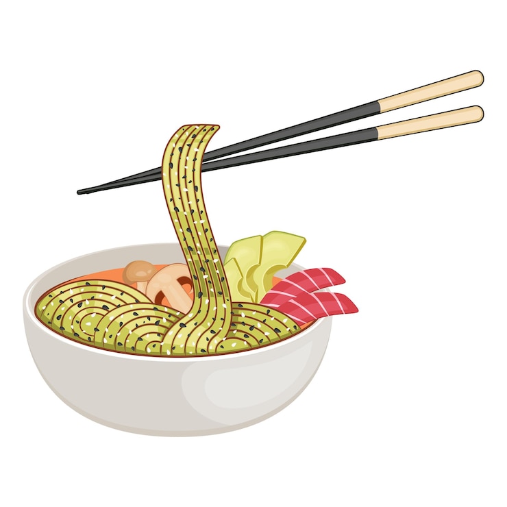 Vector tazón de comida asiática con ramen, marisco y palitos de sushi