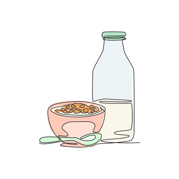 Un tazón de dibujo de línea continua de desayuno de cereales y una botella de leche Diseño gráfico vectorial