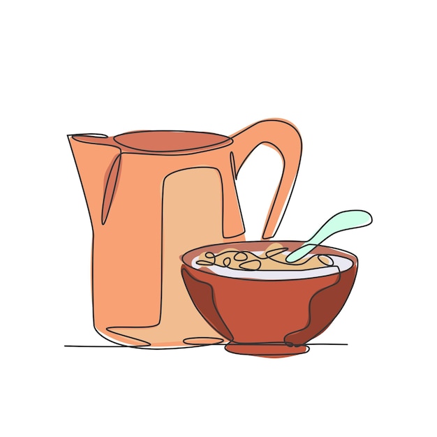 Un tazón de dibujo de una sola línea de cereal para el desayuno, jarra de leche, diseño gráfico vectorial, logotipo