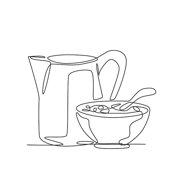 Un tazón de dibujo de una sola línea de cereal para el desayuno, jarra de leche, diseño gráfico vectorial, logotipo