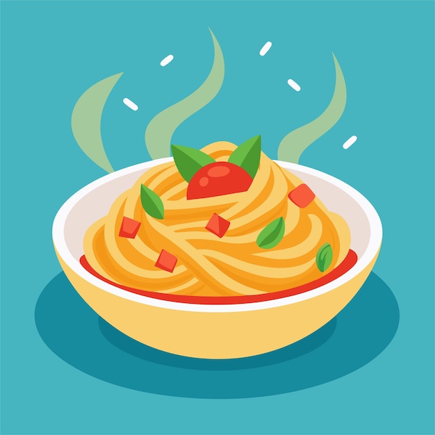 un tazón de espagueti con un tazó de salsa de tomate y un tomate en él