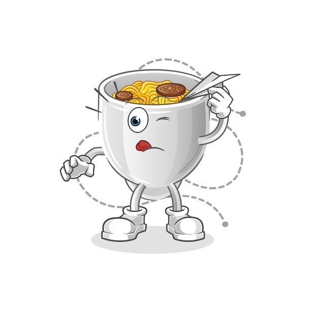 Tazón de fideos con mascota de dibujos animados de personaje de avión de papel