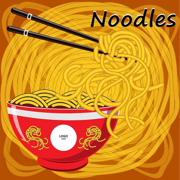 Tazón de fideos y palillos ilustración de dibujo Fideos ramen spagehetti pasta vecto dibujado a mano Plantilla de logotipo