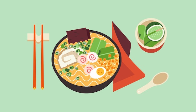 Tazón de fideos ramen con comida tailandesa caliente picante Sopa asiática con carne de huevo y wok japonés kamaboko