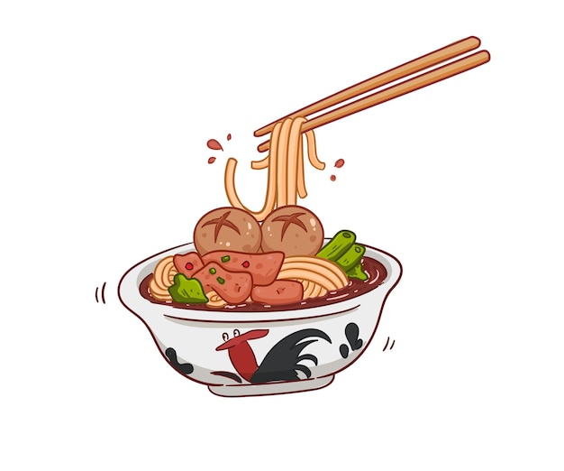 Tazón de fideos sopa ramen sabrosa comida asiática restaurante dibujos animados logo vector ilustración