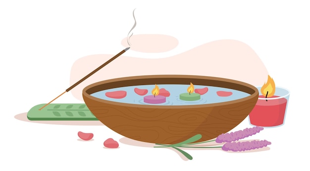 Tazón con flores para el concepto SPA Estética y elegancia belleza Relajación y bienestar descanso Diseño de plantilla y maqueta Ilustración de vector plano de dibujos animados aislado sobre fondo blanco