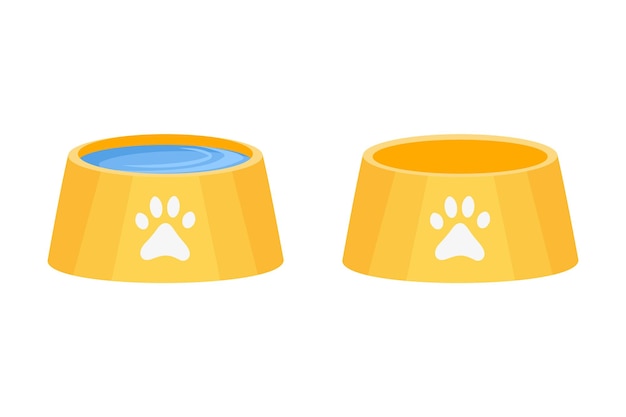 Tazón de fuente de alimentación platos de bebida para mascotas ilustración vectorial Cuenco lleno de agua y vajilla vacía para perros y gatos Bebedor para calmar la sed de animales domésticos sobre fondo blanco