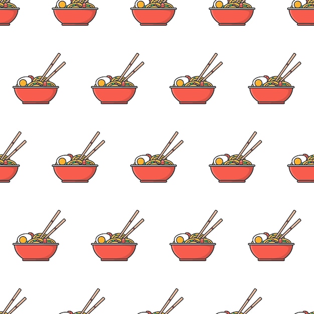 Tazón de fuente de fideos ramen de patrones sin fisuras. ilustración de tema de comida de fideos orientales