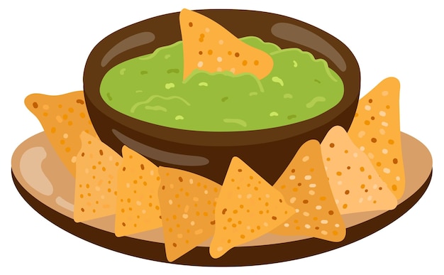 Tazón con guacamole y nachos Comida tradicional mexicana Ilustración vectorial dibujada a mano