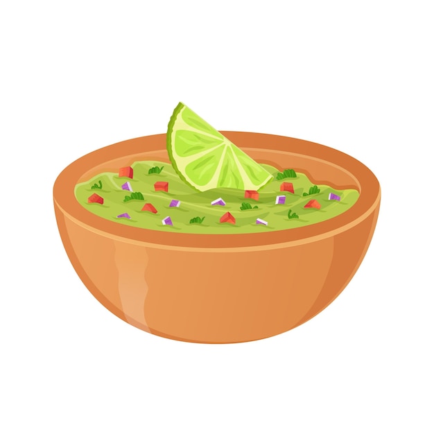 Tazón con guacamole tradicional salsa mexicana. Ilustración de dibujos animados realista de cocina latinoamericana