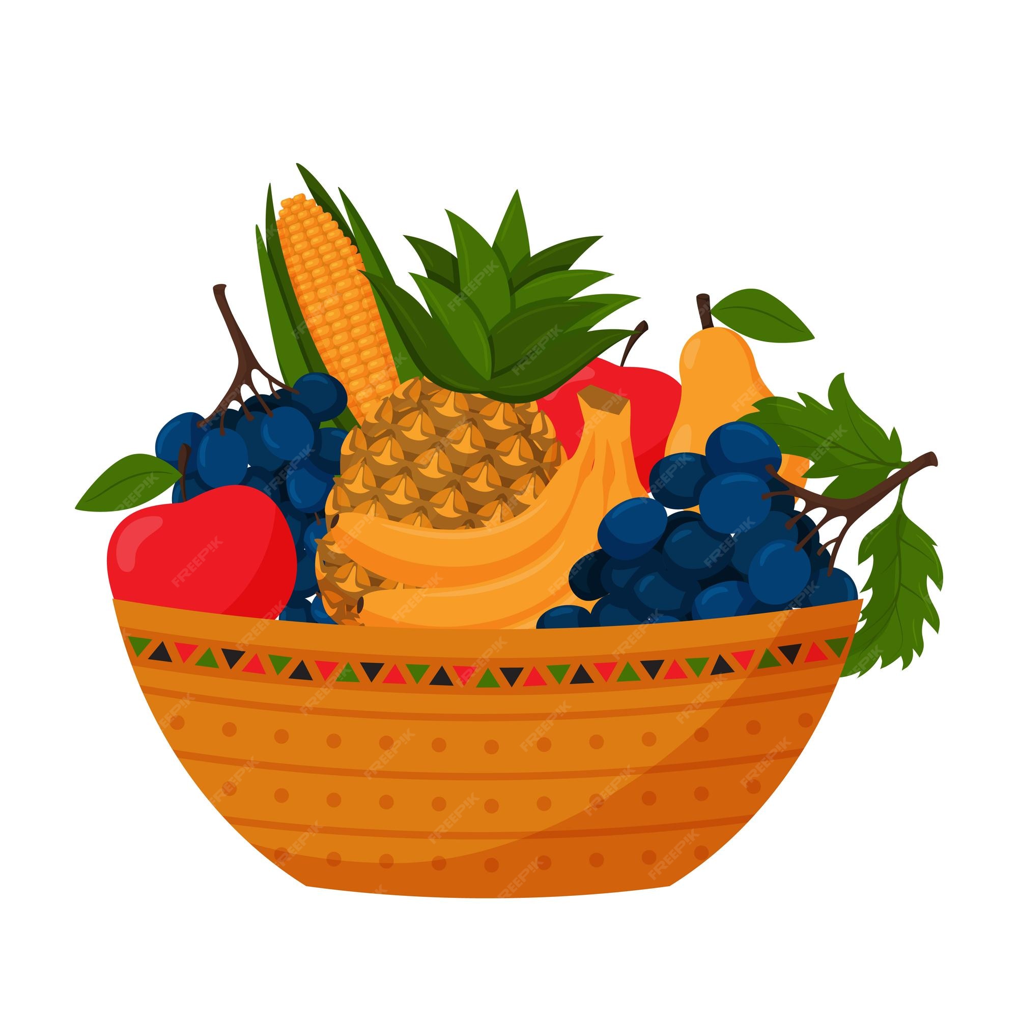 Un tazón lleno de frutas piña uvas plátanos manzanas peras y maíz cosecha de otoño productos agrícolas vegetarianos ilustración de vector de color en estilo de dibujos animados aislado en un fondo Un tazón lleno de frutas piña uvas plátanos manzanas peras y maíz cosecha de otoño productos agrícolas vegetarianos ilustración de vector de color en estilo de dibujos animados aislado en un fondo