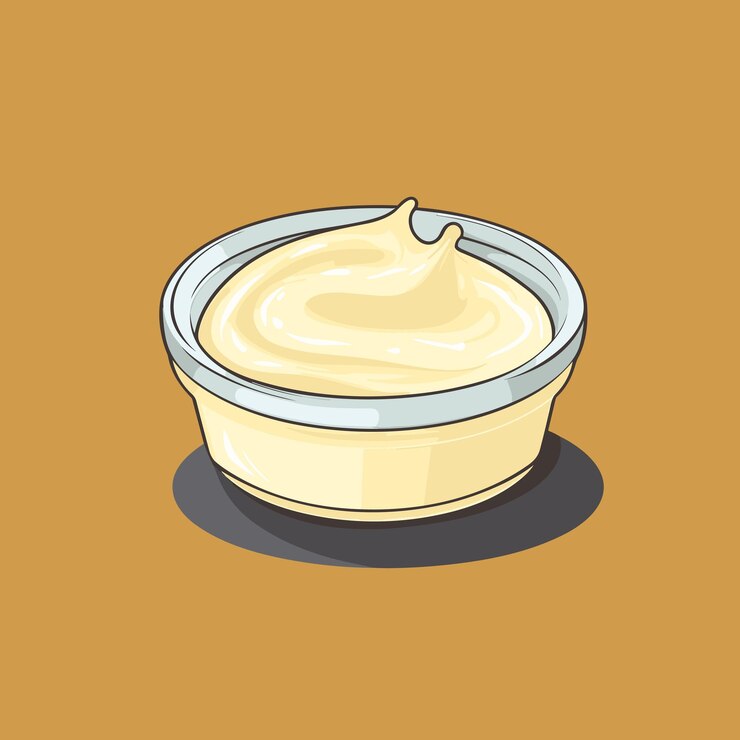 Vector un tazón de mayonesa sobre un fondo marrón.