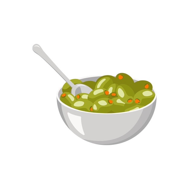 Tazón de metal de aceitunas verdes con pescado dentro y cuchara. Comida tradicional griega. Ilustración plana vectorial