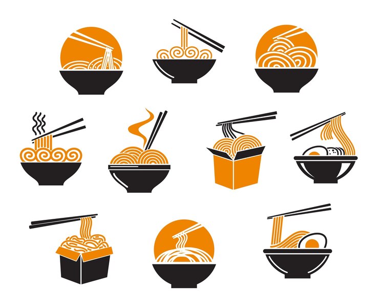 Vector tazón de ramen asiático y palillos de sopa de caja de fideos
