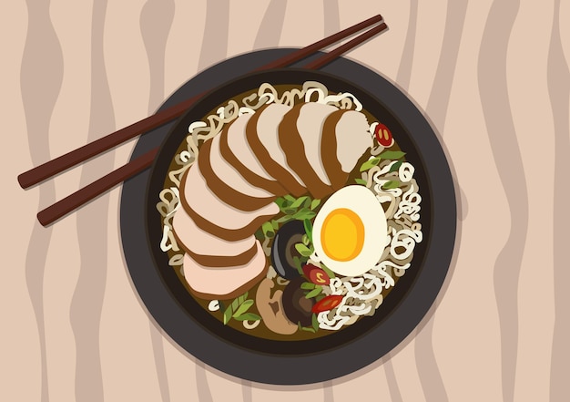 Tazón de ramen con carne y huevo sobre mesa de madera
