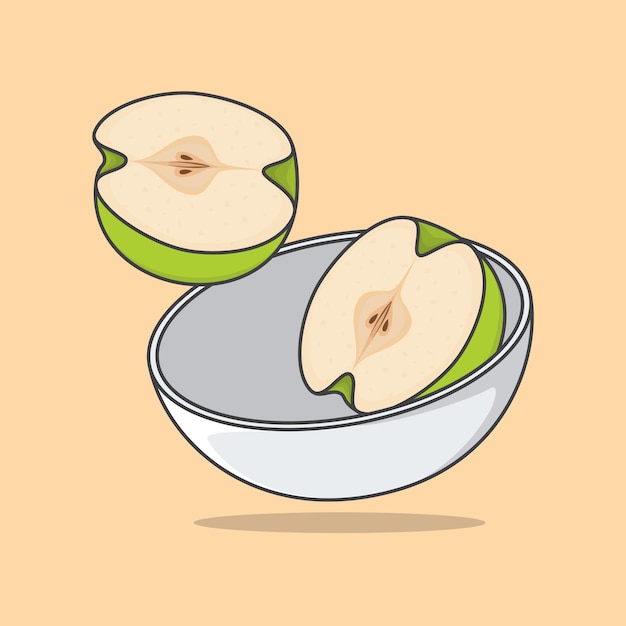 Tazón de rodajas de manzana verde ilustración vectorial de dibujos animados contorno de icono plano de fruta de manzana