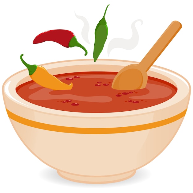 Un tazón de sopa de chile picante sopa y cuchara con chile pimienta Ilustración vectorial