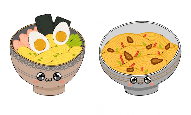 Un tazón de sopa de fideos yakisoba y ramen lindo en estilo kawaii de japón aislado en blanco