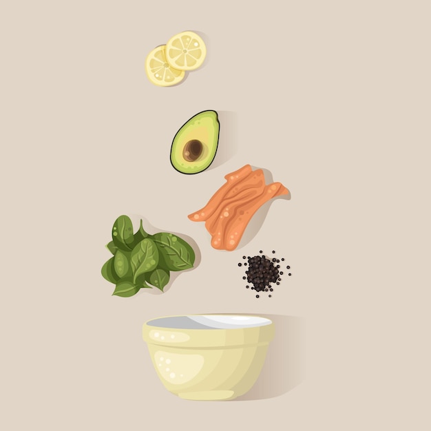 Vector tazón con verduras, aguacate y salmón.