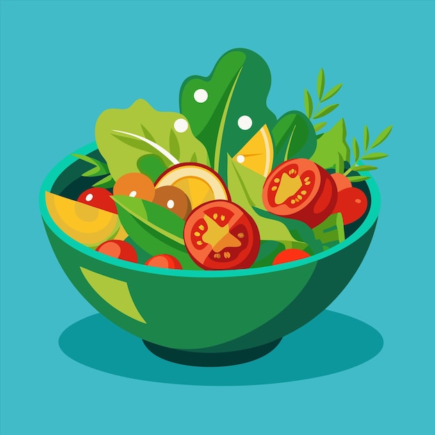 un tazón de verduras con una imagen de una ensalada con una foto de un tomate y una planta de hojas