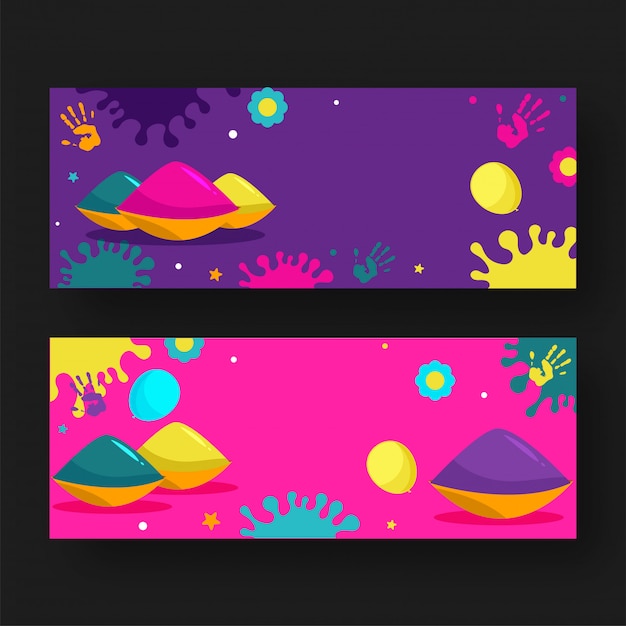 Tazones de colores con globos, estampados a mano, efecto de salpicaduras de flores y colores en el conjunto de pancartas púrpura y rosa