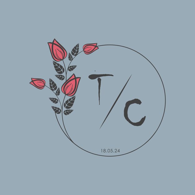 TC monograma inicial algunas rosas círculo de boda con diseño creativo