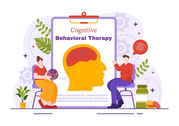 TCC o Terapia Cognitiva Conductual Ilustración vectorial con la persona Manejar sus problemas Emociones Depresión o mentalidad en antecedentes de salud mental