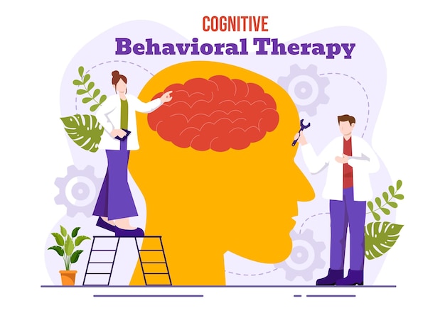 TCC o Terapia Cognitiva Conductual Ilustración vectorial con la persona Manejar sus problemas Emociones Depresión o mentalidad en antecedentes de salud mental
