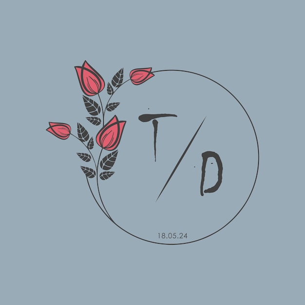 TD monograma inicial de algunas rosas Círculo de boda con diseño creativo