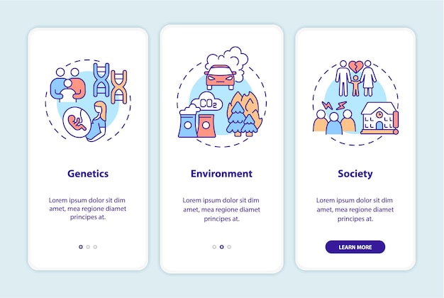 El TDAH provoca la incorporación de la pantalla de la página de la aplicación móvil. Tutorial de genética y medio ambiente Instrucciones gráficas de 3 pasos con conceptos. UI, UX, plantilla de vector GUI con ilustraciones en colores lineales