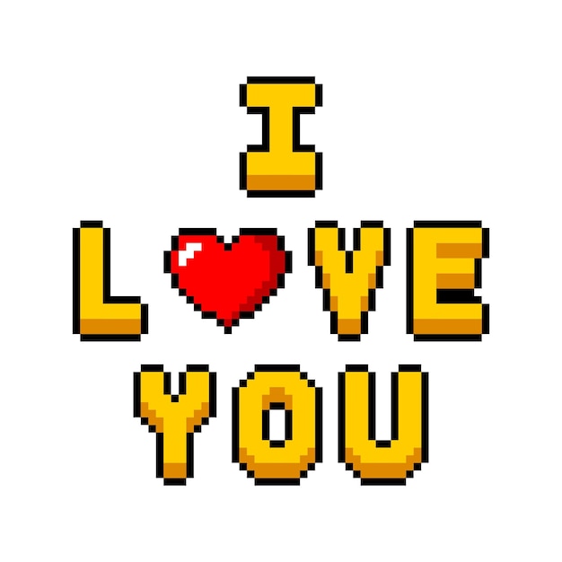 Te amo con corazón en estilo de letras del alfabeto de píxeles aislado sobre fondo blanco. Ilustración vectorial