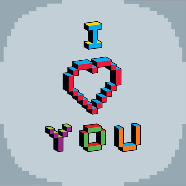 Te amo frase creada en estilo de tecnología digital, forma de corazón vectorial de 8 bits. Inscripción de arte de píxeles de tema romántico, tarjeta contemporánea de San Valentín.