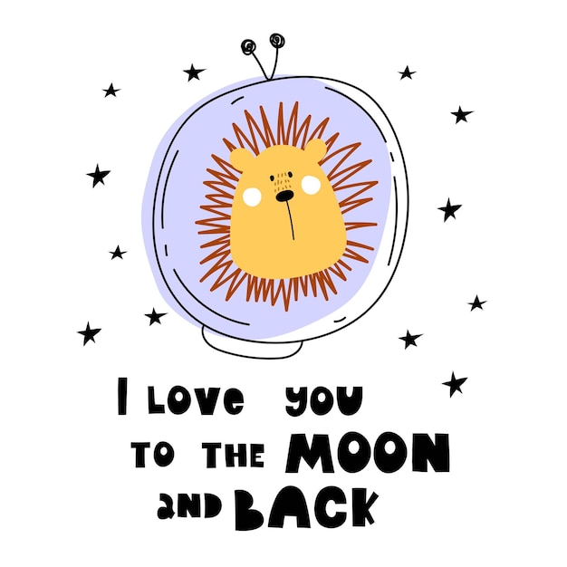 Te amo hasta la luna y la espalda caricatura león dibujo a mano letras