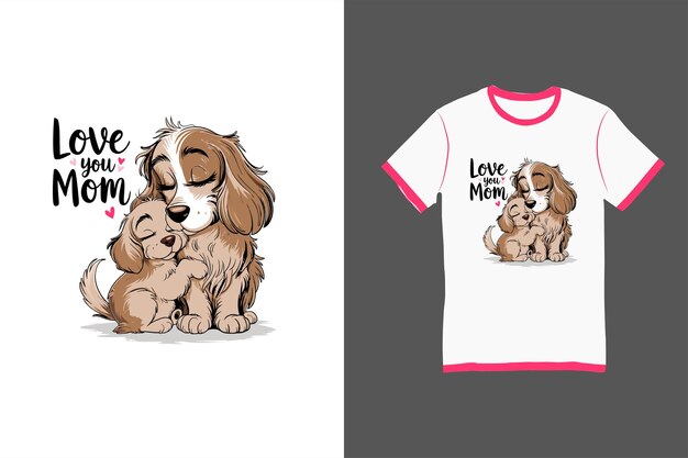 Te amo mamá diseño de camiseta con adorable perro y cachorro
