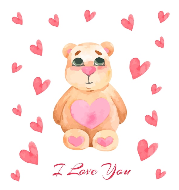 Vector te amo postal de acuarela con lindo oso y corazones