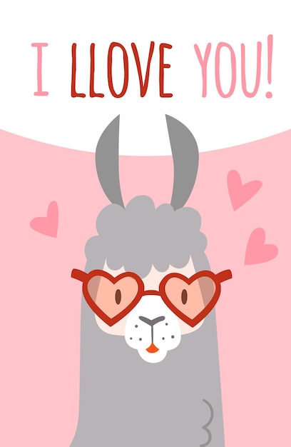 Te amo tarjeta. linda llama en vasos de corazón. divertido personaje de alpaca. ilustración vectorial