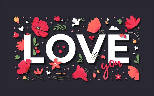 Vector te amo texto de flores ramo floreciente de primavera 14 de febrero y tarjeta de felicitación del día de san valentín