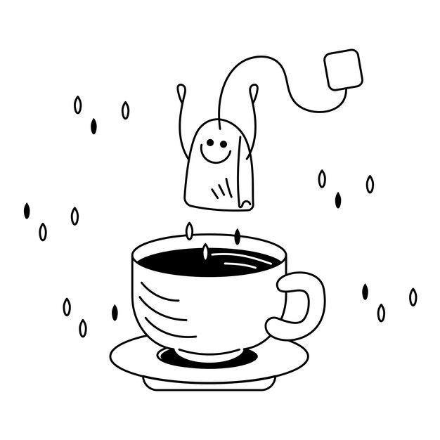 Té y bolsita de té1 Un lindo personaje de bolsita de té salta alegremente a una taza de té en un platillo