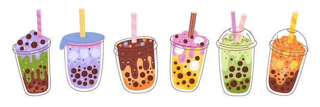Té de burbujas Bebidas lácteas con perlas de tapioca Bebidas de frutas de verano en tazas de plástico con tapa Diferentes sabores cócteles batido asiático Copas de batido dulce