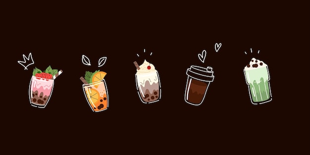 Té de burbujas Café y batidos con bolas de boba Bebida fría de verano con perlas de tapioca Copas de plástico de vidrio y comida para llevar Smoothie de frutas delicioso Dibujo de doodle Ilustración aislada de dibujos animados