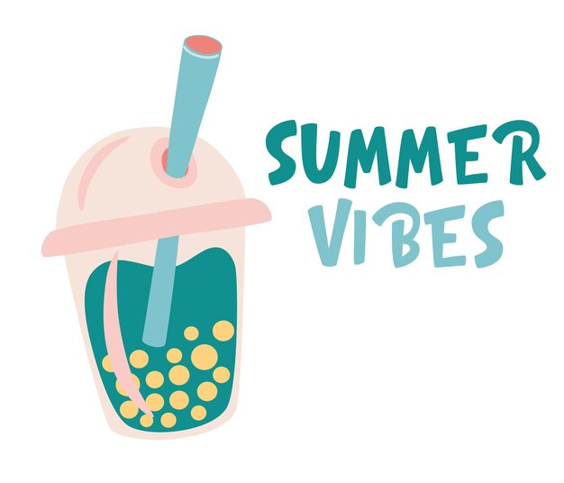 Té de burbujas y composición de letras summer vibes bebida de perla de leche fría en vaso de vidrio con crema dulce y paja cóctel de tapioca de fruta fresca asiática ilustración vectorial