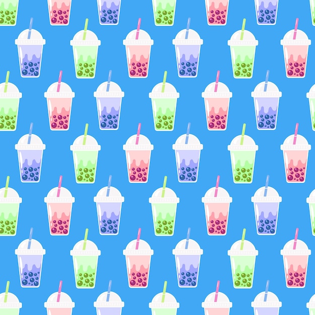 Té de burbujas o perla boba leche té de patrones sin fisuras fondo lindo vector ilustración impresión